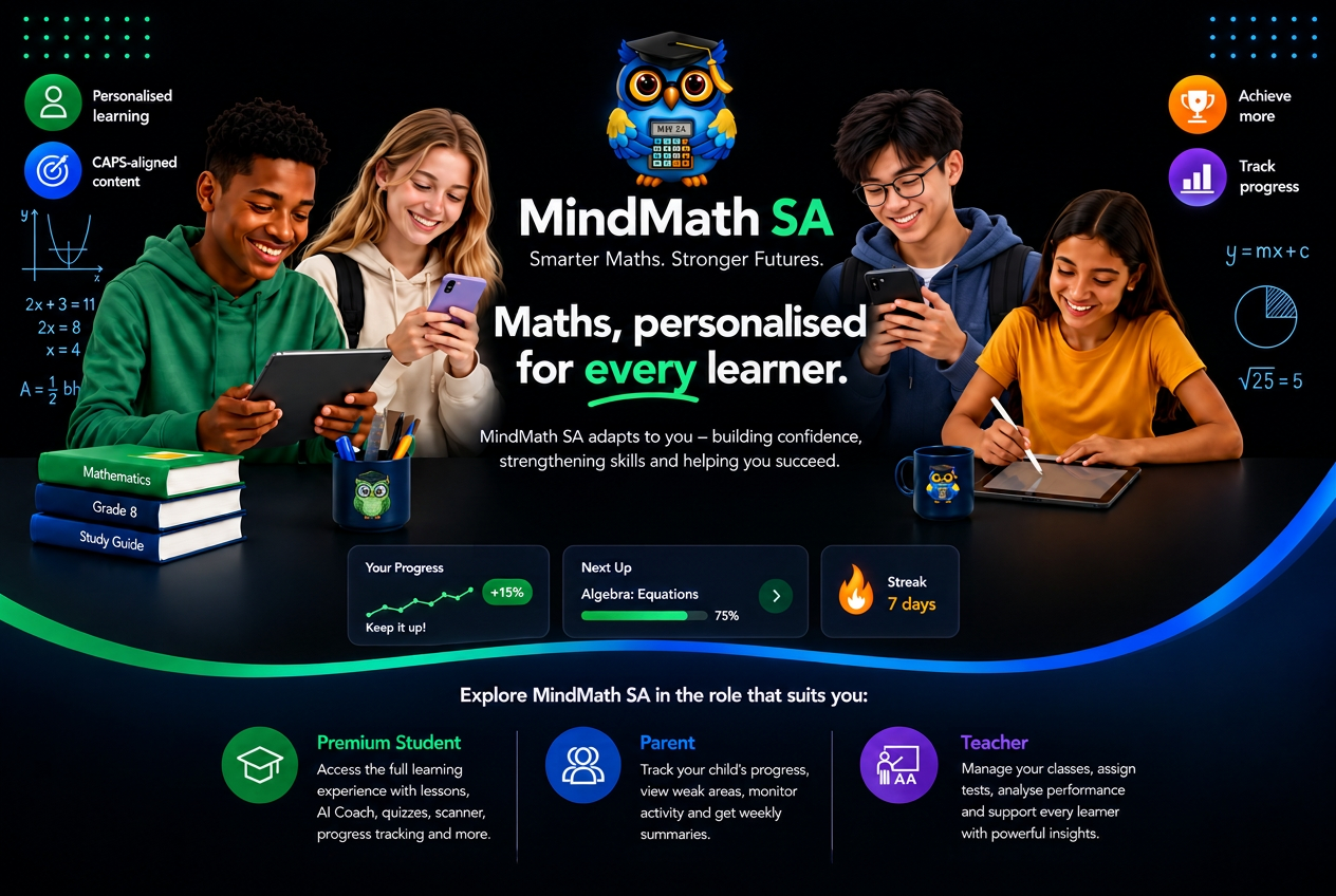 MindMath SA learners using phones, tablets and workbooks surrounded by mathematics visuals