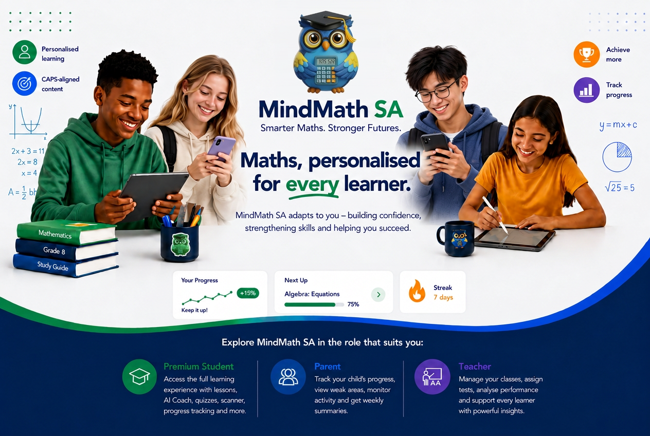 Two South African learners using MindMath SA on a tablet and in a workbook, surrounded by maths visuals and progress cards
