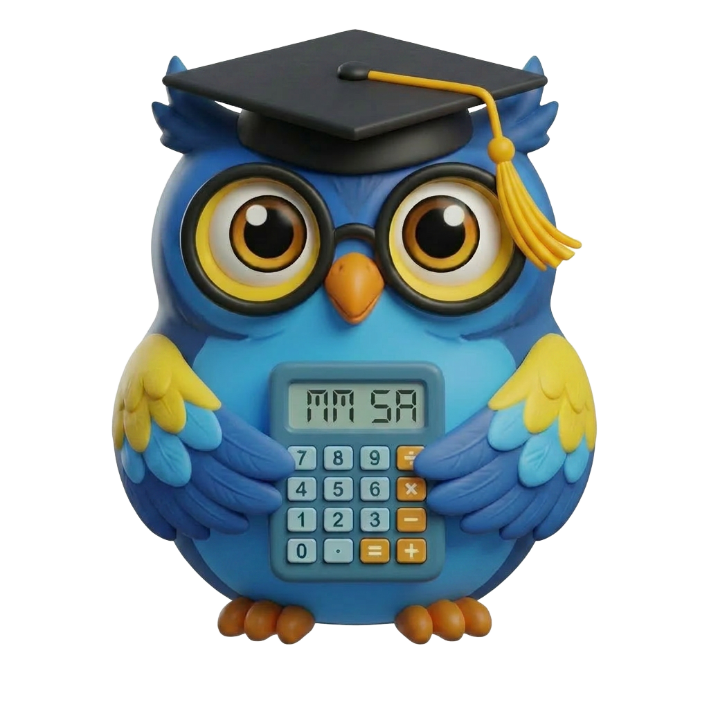 Themba, the MindMath SA owl mascot, holding a calculator